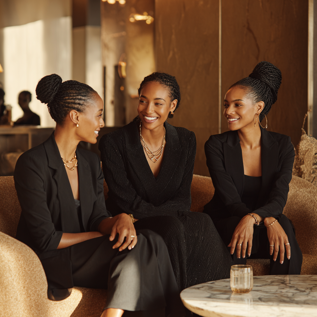 Three women in conversation in a warmly lit lounge