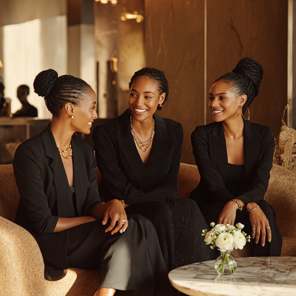 Three women in conversation in a warmly lit lounge